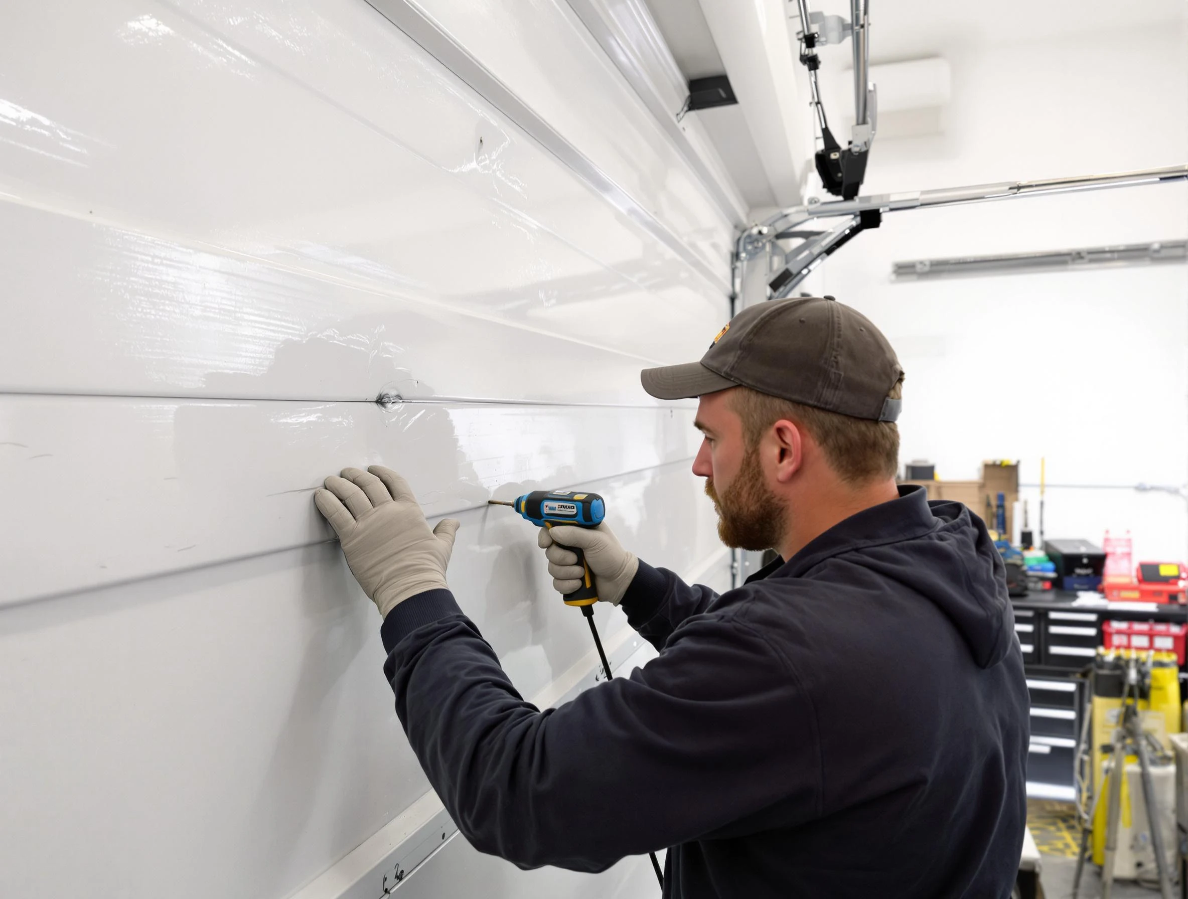 Moody Garage Door Repair technician demonstrating precision dent removal techniques on a Moody garage door